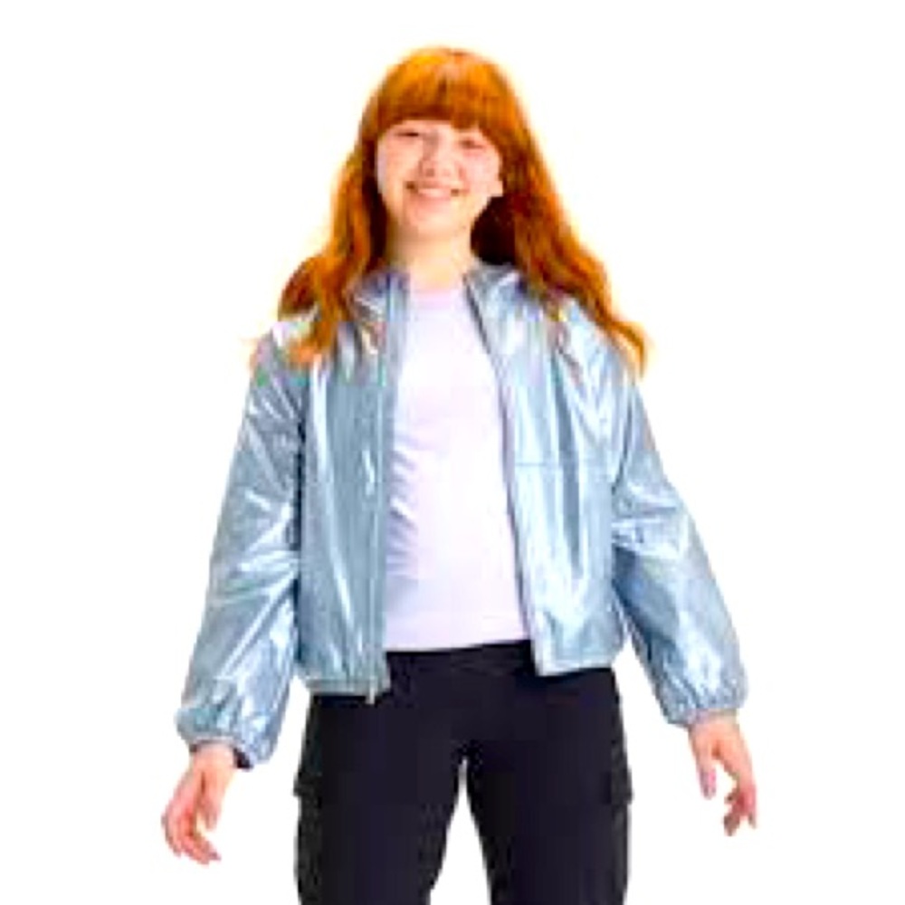 New All in Motion Girl’s Silver Windbreaker Silver  Shiny Hooded Jacket XS 4/5